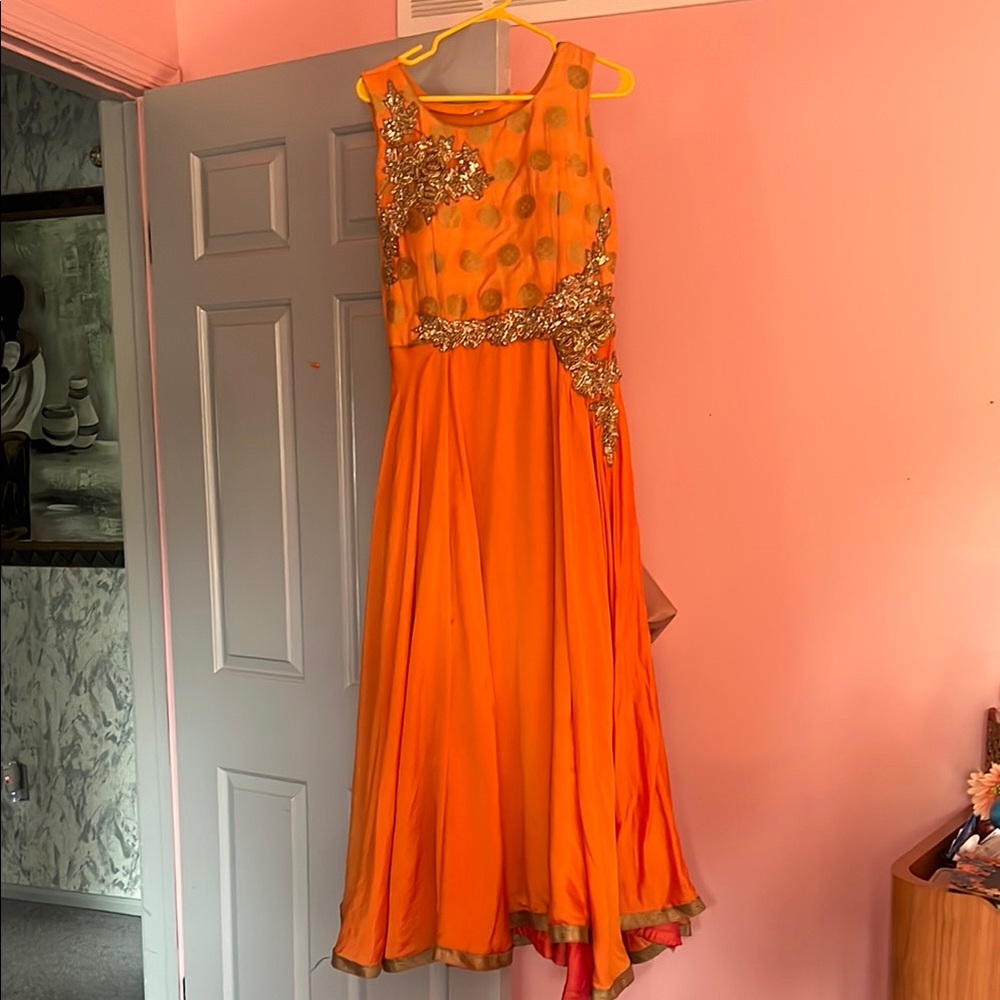 Orange Sleeveless Indian Gown with Gold Embellishments